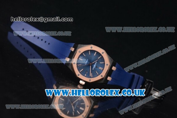 Audemars Piguet Royal Oak 36mm Asia ST16 Automatic PVD Case with Blue Dial Rose Gold Bezel and Blue Rubber Strap (EF) - Click Image to Close